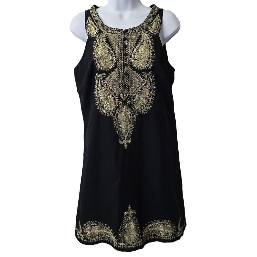 Free People Gold Embroidery Dress 10 L Mini Tank Cotton Blend Black Beach Cruise